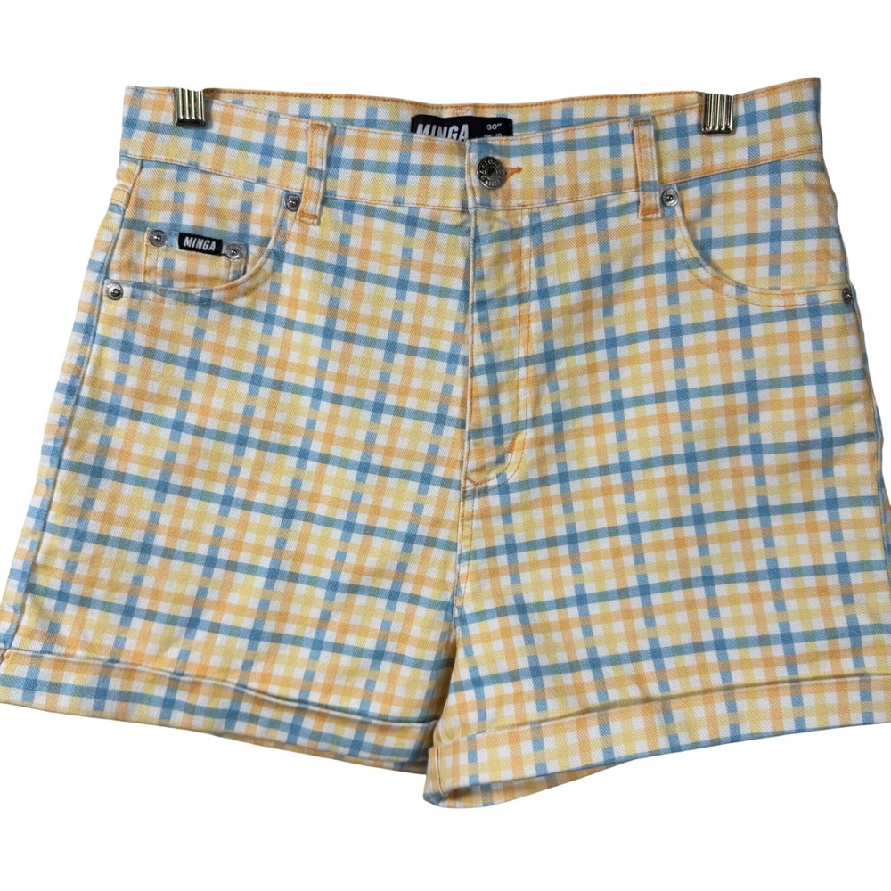 Minga London Plaid Denim Shorts Yellow Blue‎ High Waisted Cuffed Size 30 US 6